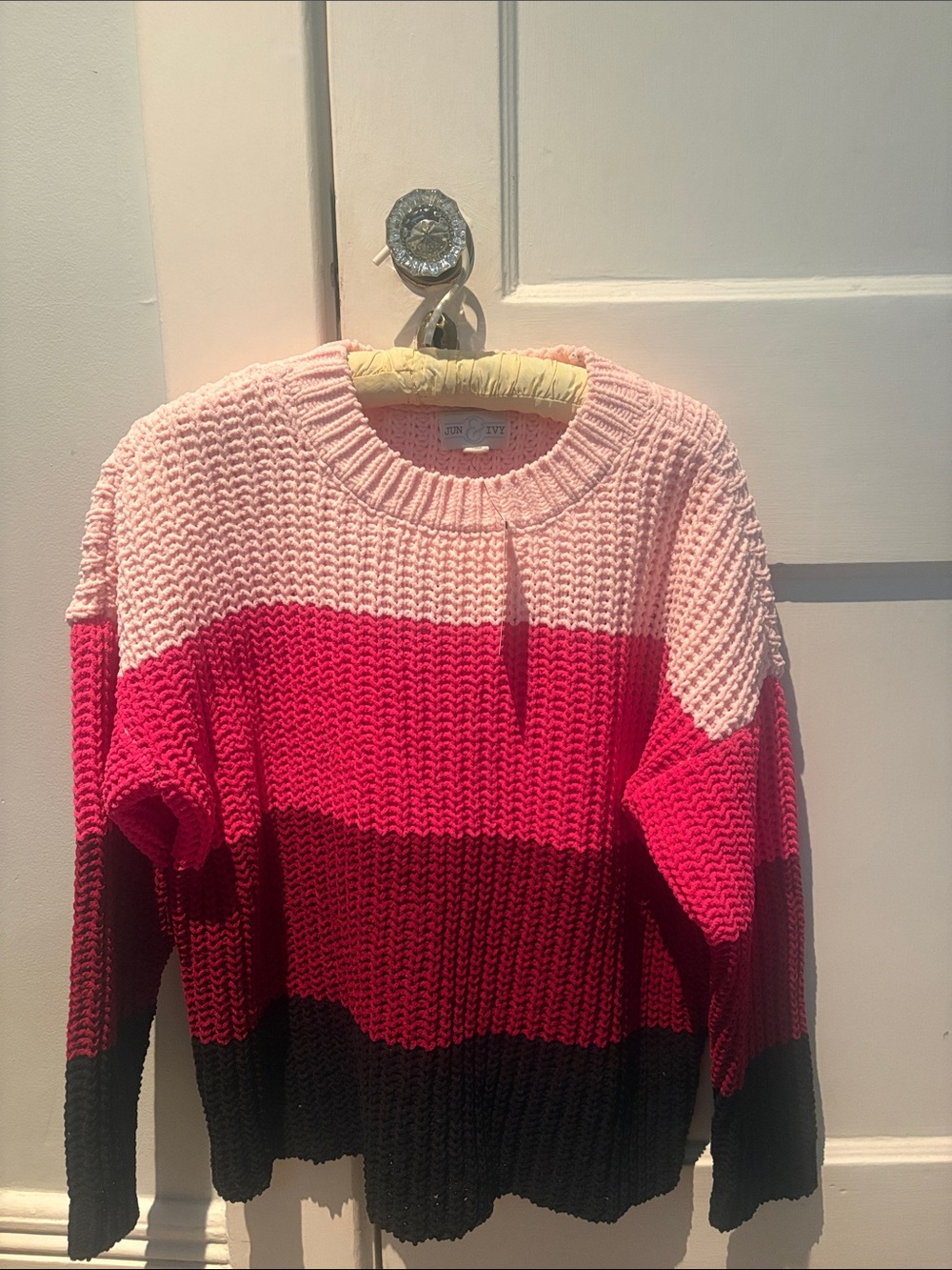 Striped Crewneck Sweater in Light Pink, Hot Pink & Black
